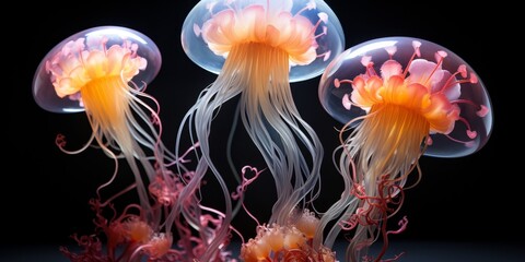 Fototapeta premium Colorful jellyfish-like creatures in glass spheres