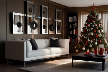 Modern christmas interior. Contemporary interior design living room with christmas ornaments. Photographers own artwork on wall and bookcase.
