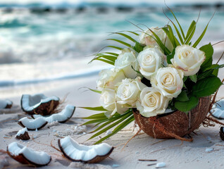 Wedding bouquet of delicate white rose flowers
in a vase from broken coconut
on sandy beach of ocean shore
in Maldives. Piece of paradise.