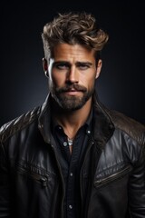 Obraz premium Handsome man with beard and curly hair wearing leather jacket