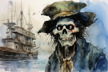 Fototapeta premium Painting of a pirate ship and captain - This detailed watercolor painting showcases a pirate ship at sea with a captain in a tricorn hat in the foreground