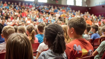 School Assembly: During a school assembly, students and teachers gather in the auditorium, listening to announcements and participating in group activities that foster a sense of community