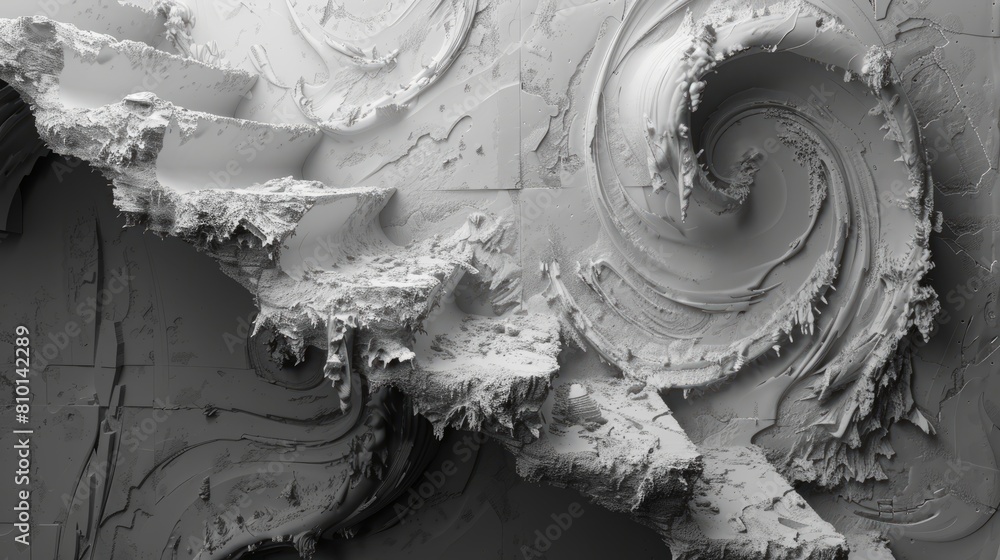 Poster a very abstract and surreal image of a wave with a spiral shape. the image is in black and white and