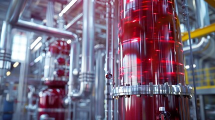a Ruby Red Distillation Column in an Industrial Chemical Plant, Highlighting Process Engineering