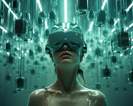 Illustrate a surreal dreamscape merging futuristic technologies like mind-reading devices and mood-altering implants with abstract representations of psychological concepts, using unexpected camera an