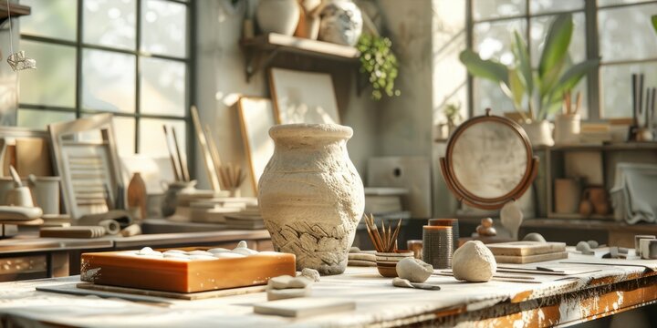 A pottery studio with a white vase on a table. The studio is filled with various pottery items, including a bowl, a cup, and a vase. The atmosphere is creative and artistic - Powered by Adobe