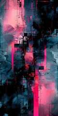 A detailed digital art piece with a cyberpunk cityscape in pink and blue hues