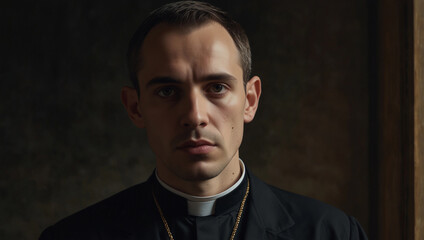 Fototapeta premium Young handsome pastor priest in church smoking cigarette, Generative AI illustration