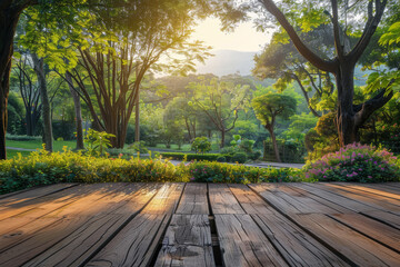 Obraz premium Outdoor timber decking overlooking a serene garden. AI generated.