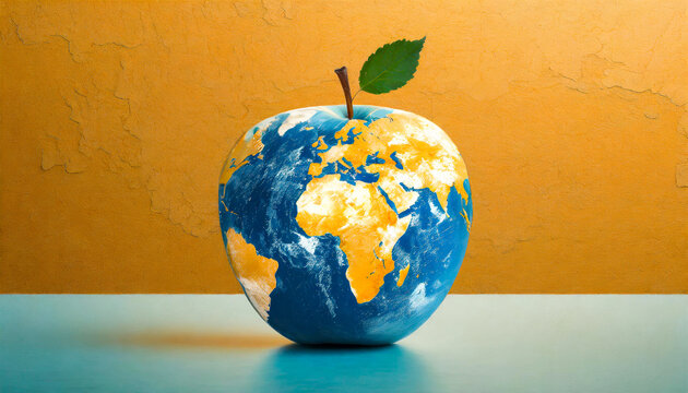 Apple with a world map carved into its surface against orange background. Concept of global food and nutrition, healthy planet, green environment, sustainability.