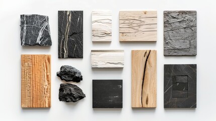 Top view composition displaying interior finishing materials like white and beige grained quartz stone, ash wood veneer, and black cosmos quartzite stone samples against a white background.