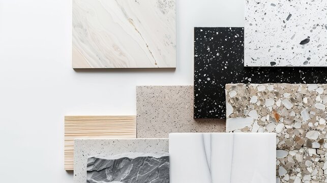 Top view composition displaying interior finishing materials like white and beige grained quartz stone, ash wood veneer, and black cosmos quartzite stone samples against a white background.