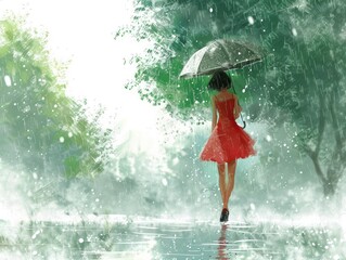A girl in red dress standing under an umbrella