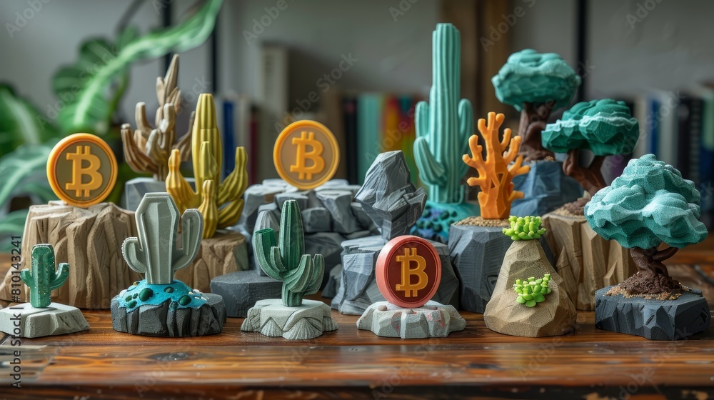 Poster a collection of small sculptures of cacti and trees with a b on top of them. the sculptures are arra
