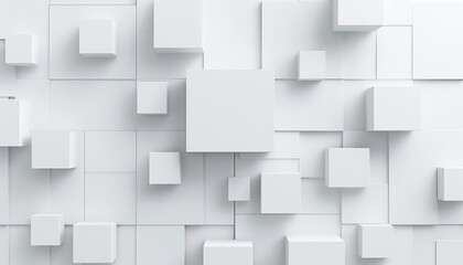 A minimalist, clean composition of white 3D cubes protruding from a white wall in a random pattern