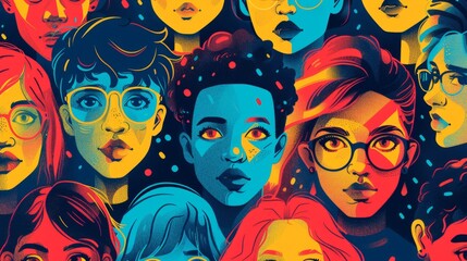 Fototapeta premium A colorful drawing of a group of people with different features and expressions. Scene is lively and cheerful, with the use of bright colors and the variety of facial expressions