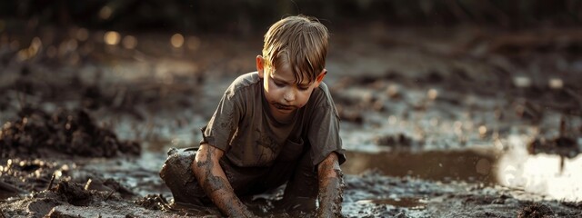 A young boy plays in the mud