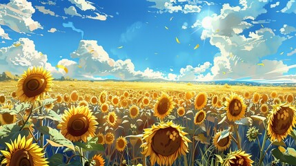 Sunflower Field: A field of towering sunflowers stands tall under the bright sun, their golden faces following the sun's journey across the sky