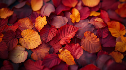 A close up of red and orange leaves on the ground