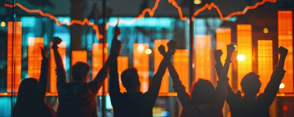 silhouettes of happy and celebrating people with their arms raised up in front of an illuminated stock chart on the glass wall