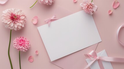 A wedding invitation with flowers and ribbon on a pink background.
