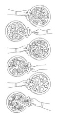 vector set of drawn pizzas with different toppings with the image of a hand holding a piece of pizza.eps