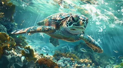A turtle swimming in the ocean with fish swimming around it