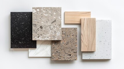 Top view composition displaying interior finishing materials like white and beige grained quartz stone, ash wood veneer, and black cosmos quartzite stone samples against a white background.
