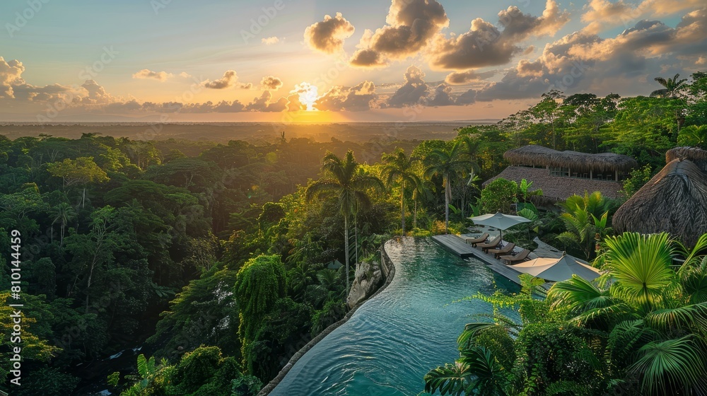Aufkleber a beautiful view of a pool with a sunset in the background. the pool is surrounded by trees and has 