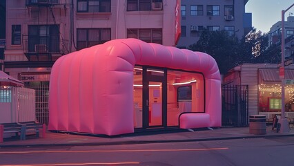 a pink inflatable pop up store with glass windows in the middle of the urban street in the twilight lighting