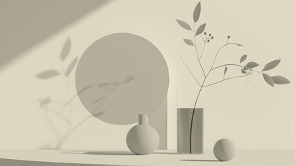 Pastel background with monochrome plant in a vase with the sunlight on it