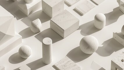 set of marble stone figures modeled in 3d on a blank white minimalistic background