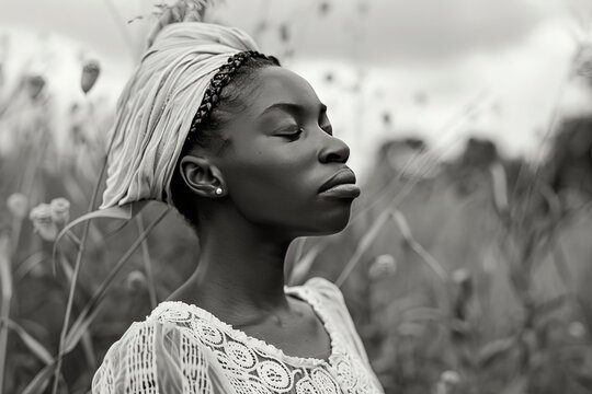 Serene black and white portrait of an African American woman with a headwrap, eyes closed in a peaceful meadow, reflecting on Juneteenth freedom day, African-American Independence Day, June 19