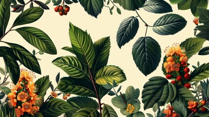 A painting of a forest with many leaves and flowers. The painting is full of life and color, and it gives off a feeling of peace and tranquility