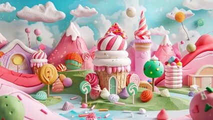 3d modeled candyland city with delicious houses and trees in the fantasy world