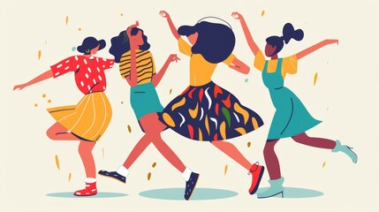 Colorful illustration of diverse group of women happily dancing together
