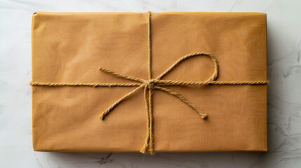 A brown gift wrapped with twine on a marble surface.