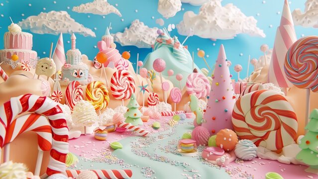 3d modeled candyland city with delicious houses and trees in the fantasy world