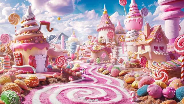 3d modeled candyland city with delicious houses and trees in the fantasy world