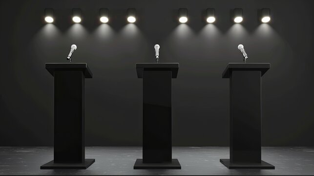 Various podiums, including a black podium and one equipped with microphones, designed for delivering speeches and presentations.