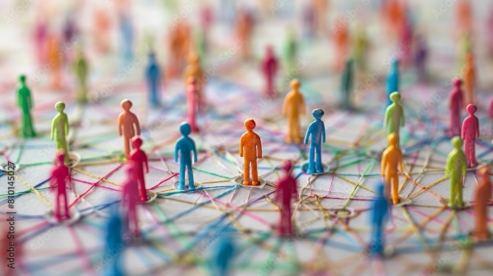 Poster a group of people are connected by a web of strings. the people are of different colors and sizes