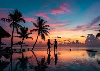 A couple holding hands and walking along the edge of an infinity pool at sunset, with palm trees silhouetted against the sky. 
