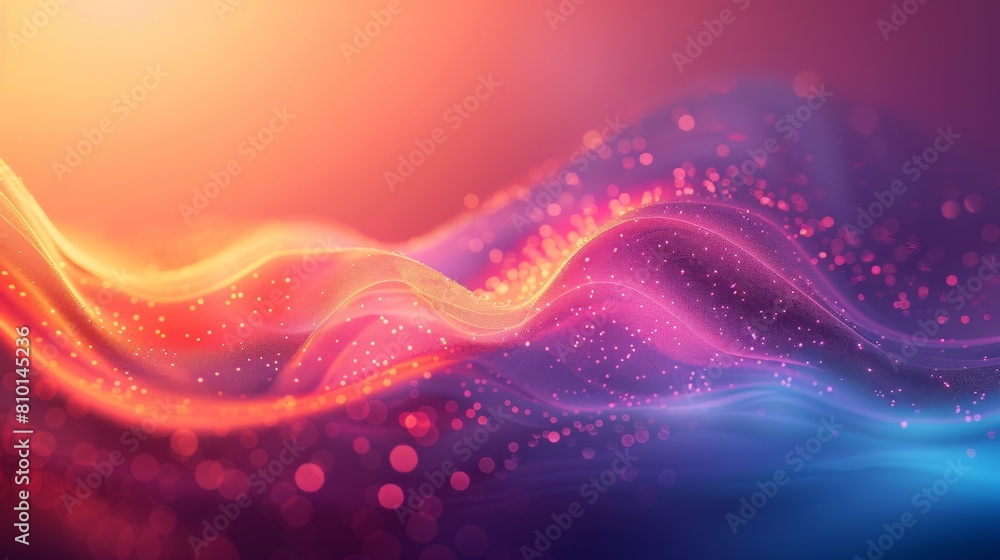 Poster digital illustration of dynamic waves with glowing particles in a neon gradient of colors