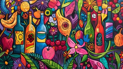 A colorful painting of various fruits and flowers with a bottle of wine in the middle. The painting is full of vibrant colors and has a lively, cheerful mood