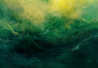 a watercolor painting of a sea with waves and green