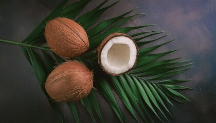 coconut against a background of green palm leaves close-up
