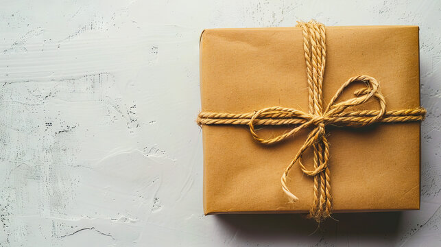 A brown gift wrapped in twine on a white background.
