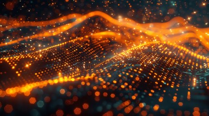 Abstract digital wave landscape with glowing particles