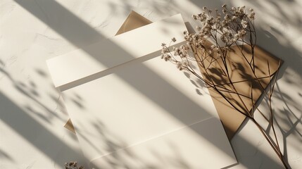 A light white and light brown blank invitation mockup with dried flowers and many shadows.