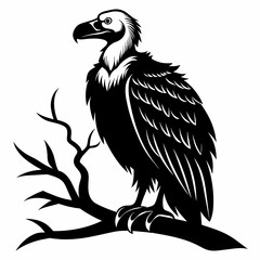 Big griffon vulture sitting on a tree stick vector silhouette 